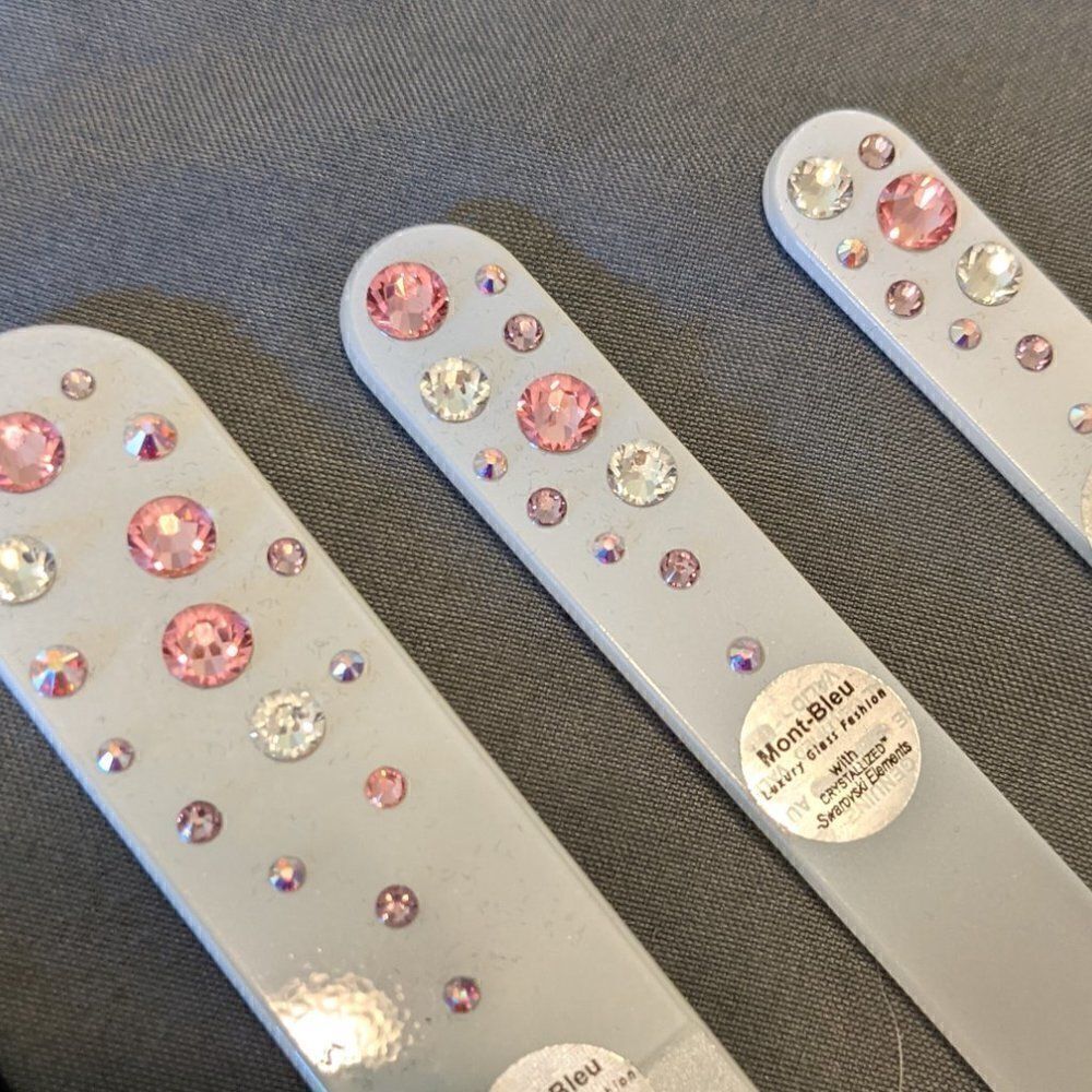 🆕SET OF 3 MONT BLEU DOUBLE SIDED WHITE GLASS NAIL FILES W/SWAROVSKI CRYSTALS